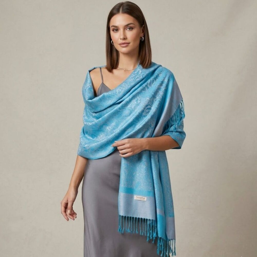 Pashmina Cashmere Silk Paisley Fringe Shawl Elegant Blue Silver Wrap Scarf 28x78